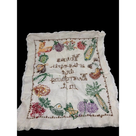 VTG Cross Stitch Sampler Motto Completed Fruits & Vegetables Yours is the Earth - Picture 8 of 8
